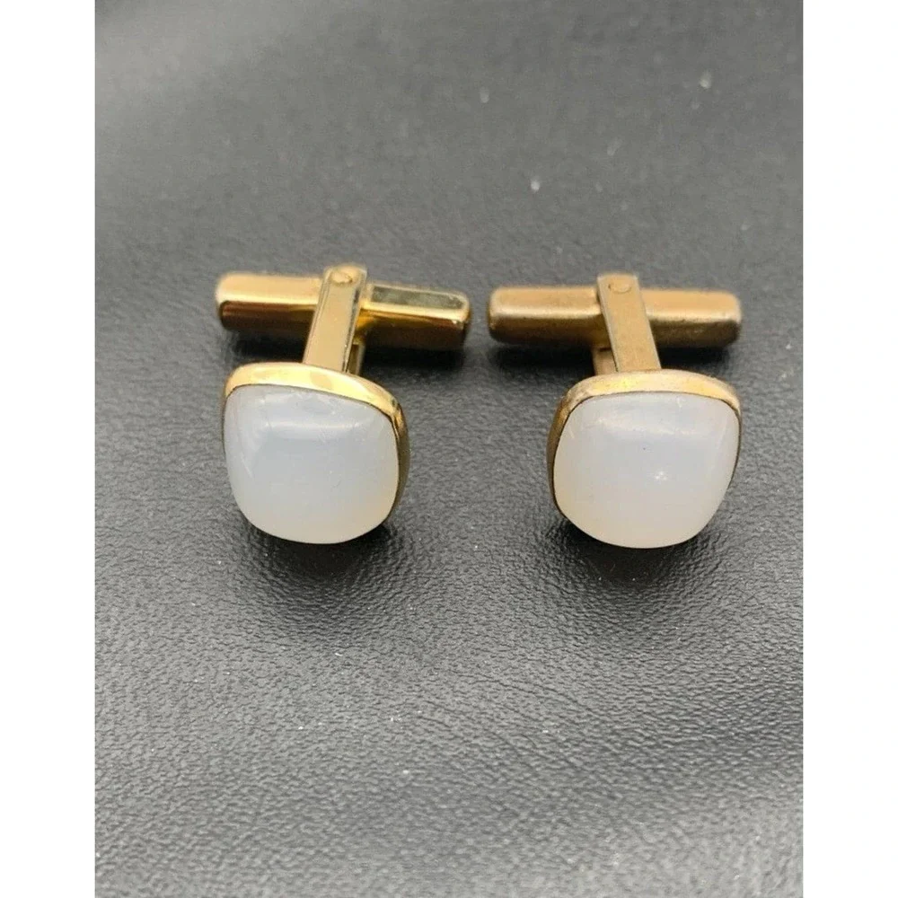 Vintage Manleigh Gold‎ Tone And Faux Moonstone Cufflinks Signed